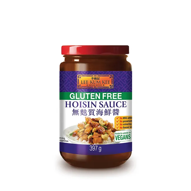 Un pot de la taille d'un pot en verre de sauce tomate de 400g, couvercle rouge, étiquette aux bandes violette et un Gluten Free vert sur une autre bande.