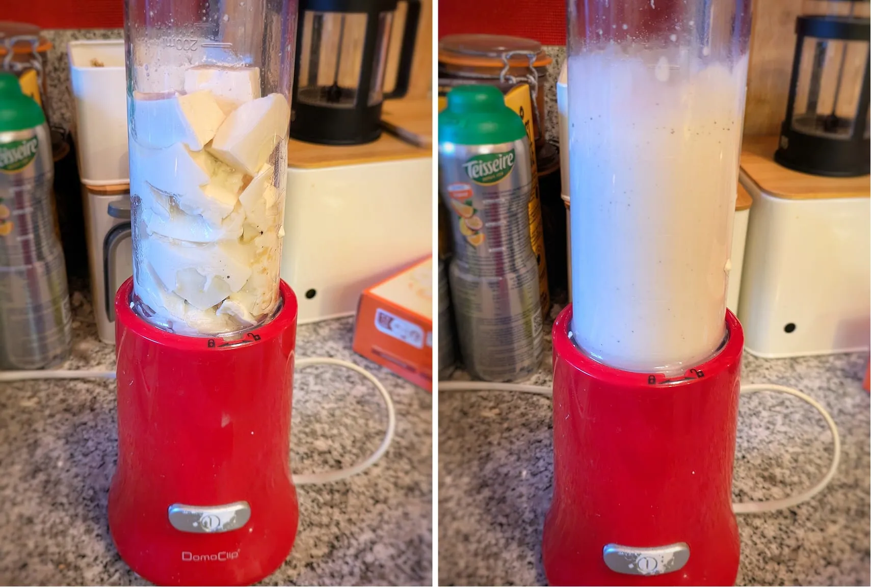 Le tofu soyeux dans le blender, en morceaux avant mixage puis réduit en texture crémeuse et lisse.