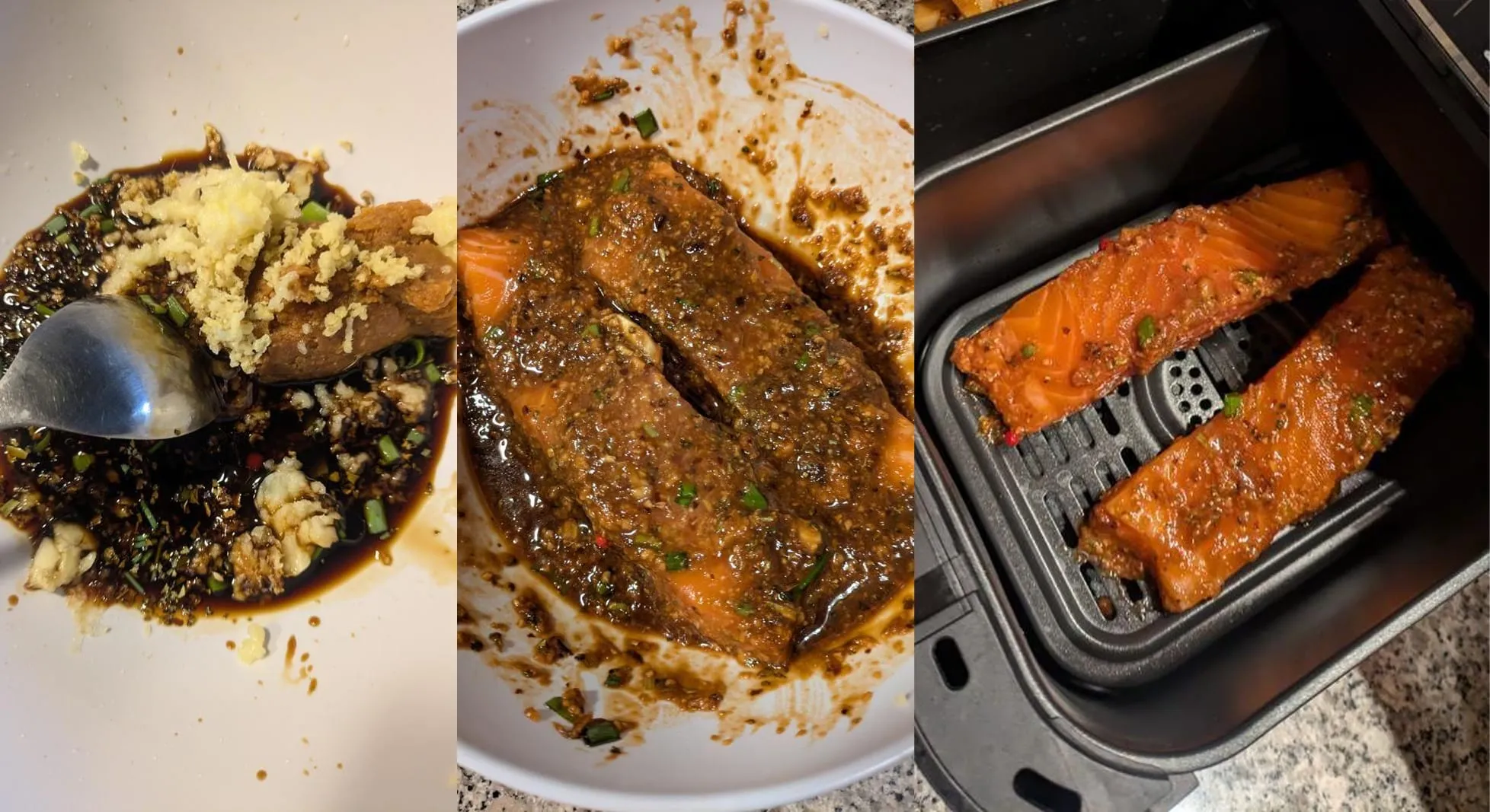 Préparation d'un saumon mariné : ail et pâte de miso ajoutés à une sauce soja avec des oignons nouveaux, puis un filet enrobé de marinade dans un bol, et deux filets marinés placés dans le panier de l'airfryer.