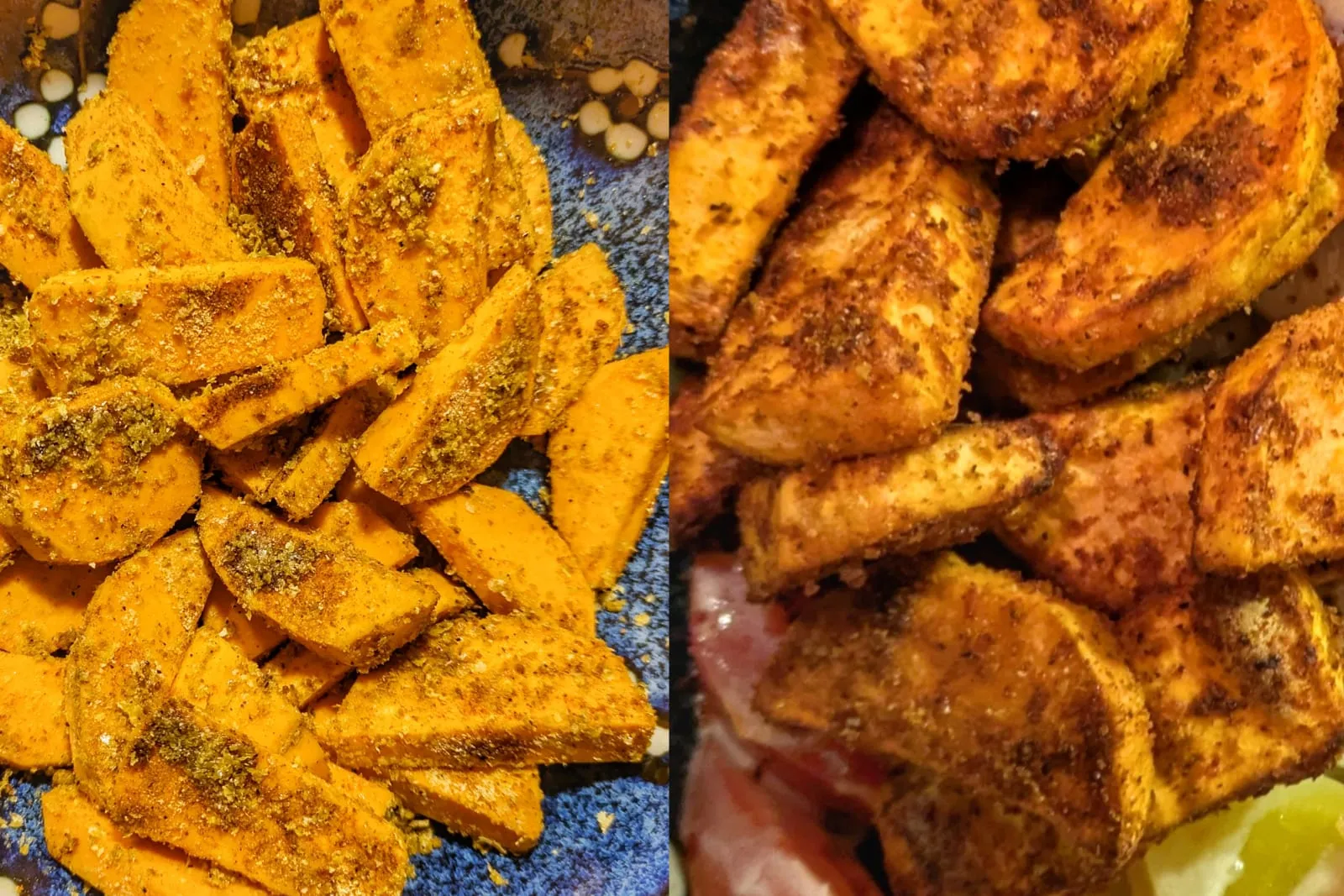 À gauche, les quartiers de patate douce crus enrobés d'épices avant cuisson ; à droite, les mêmes bien dorés et grillés après passage à l'airfryer.