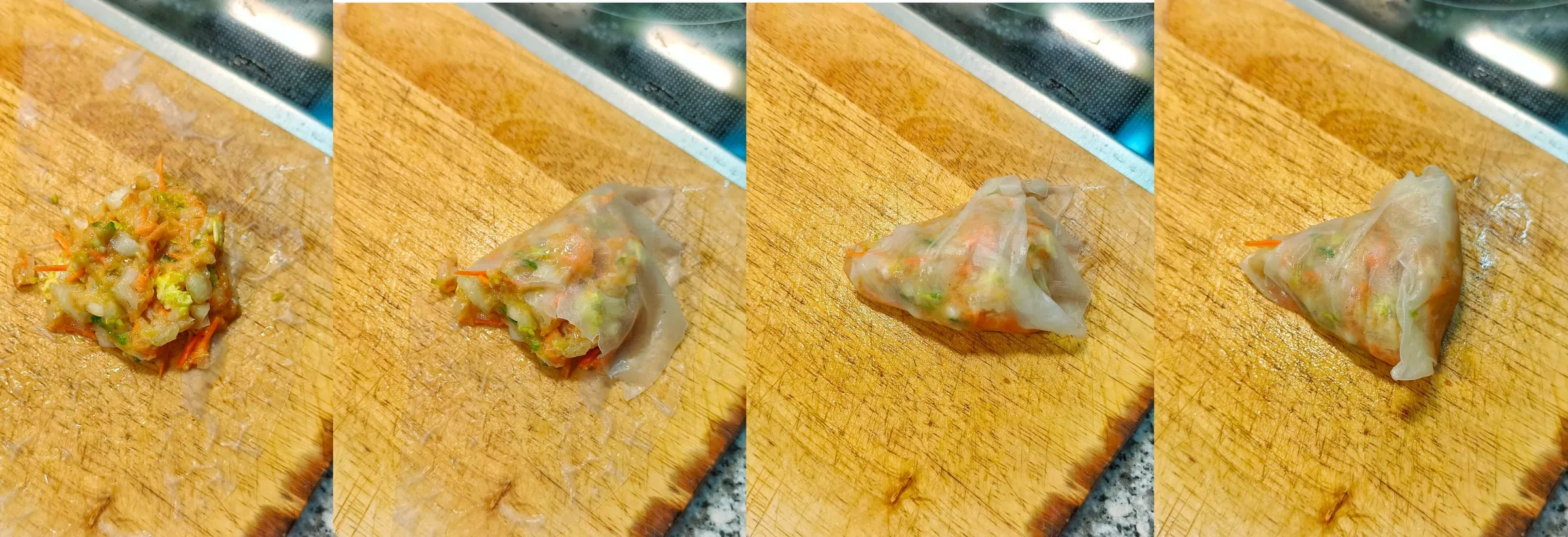 Suite de quatre photos montrant le pliage d'un croustillant de poulet sur une planche en bois, la farce au poulet, carottes et chou est déposée sur le bord d'une feuille de riz, puis les deux coins sont rabattus successivement pour former un triangle, et enfin la pointe arrondie est roulée et pressée pour souder les bords et fermer le croustillant.