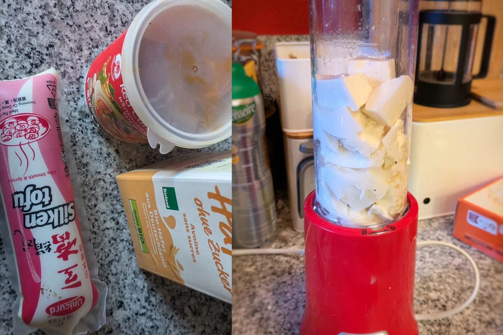 Un paquet de tofu soyeux, un pot de pâte de curry rouge et une brique de lait végétal, puis des morceaux de tofu dans le bol d'un mini blender posé sur un plan de travail.