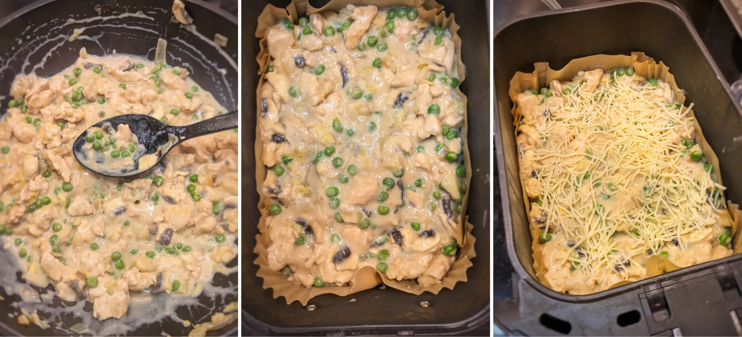 Trois étapes du montage : la fricassée de poulet et petits pois dans la poêle, versée sur les röstis dans le panier de l'airfryer, puis recouverte de gruyère râpé avant cuisson.