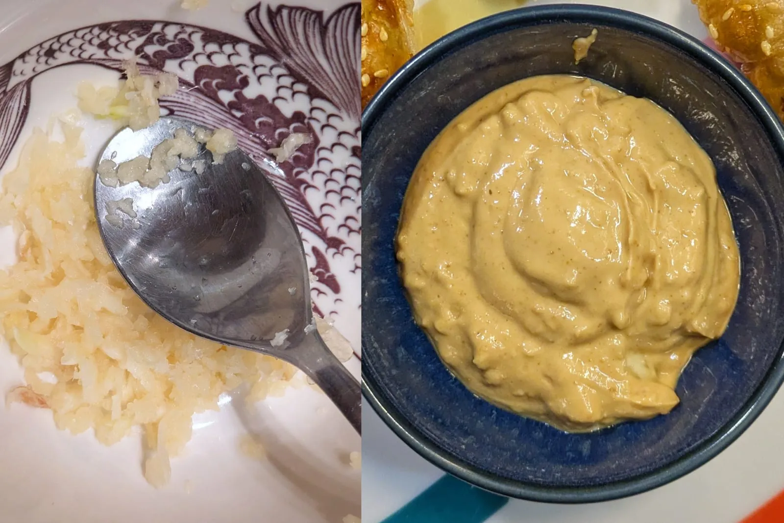 De l'ail écrasé dans un bol avec une cuillère, et un mini bol bleu contenant une sauce crémeuse de couleur beige.
